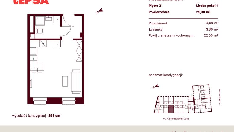 Rzut - Mieszkanie na sprzedaż 1 pokój o powierzchni 29,3 m² - numer M204 w Tepsa Kato