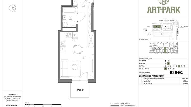 Rzut - Mieszkanie na sprzedaż 1 pokój o powierzchni 30,75 m² - numer B.3.B602 w Inhome Osiedle ArtPark etap I