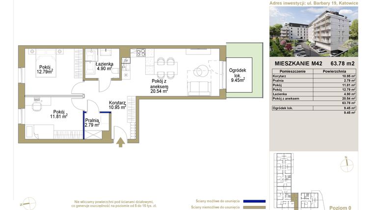 Rzut - Mieszkanie na sprzedaż 3 pokoje o powierzchni 63,78 m² - numer 42 w Barbary 19