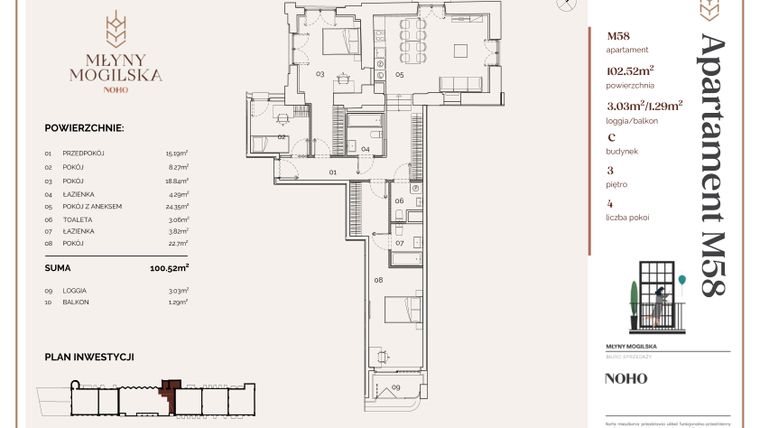 Rzut - Mieszkanie na sprzedaż 4 pokoje o powierzchni 100,73 m² - numer C.58 w Młyny Mogilska