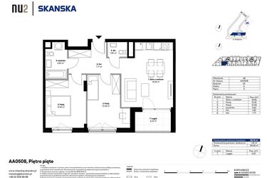 Rzut - Mieszkanie na sprzedaż 3 pokoje o powierzchni 58,16 m² - numer AA0508 w NU2 Warszawa Wola