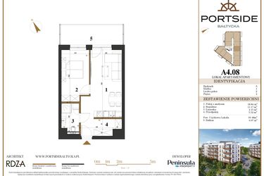 Rzut - Mieszkanie na sprzedaż 2 pokoje o powierzchni 39,48 m² - numer A4.08 w Portside Bałtycka