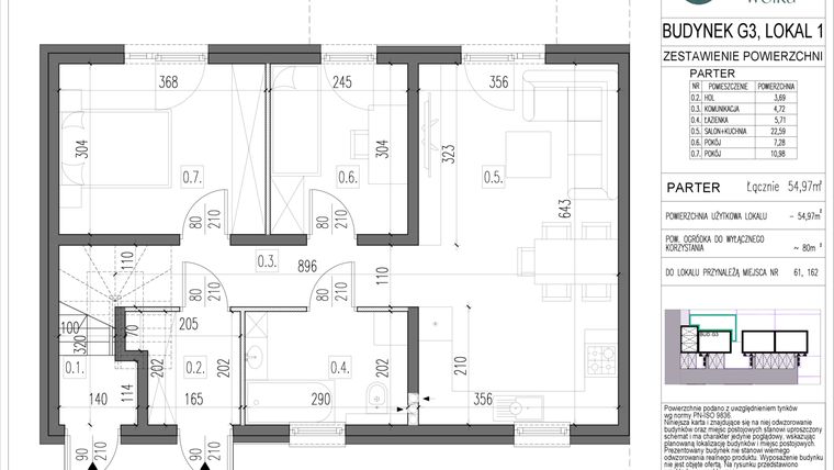 Rzut - Mieszkanie na sprzedaż 3 pokoje o powierzchni 54,97 m² - numer G3.1 w Spokojna Wólka etap V