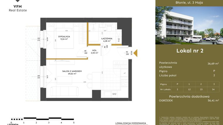 Rzut - Mieszkanie na sprzedaż 2 pokoje o powierzchni 36,69 m² - numer 2 w Apartamenty 3 Maja