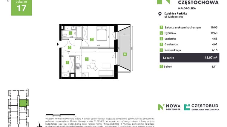 Rzut - Mieszkanie na sprzedaż 2 pokoje o powierzchni 48,07 m² - numer A17 w Nowa Częstochowa Małopolska