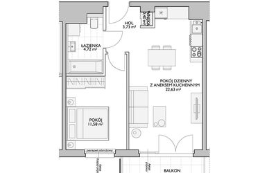 Rzut - Mieszkanie na sprzedaż 2 pokoje o powierzchni 44,01 m² - numer WO/P33/33 w Wiszące Ogrody