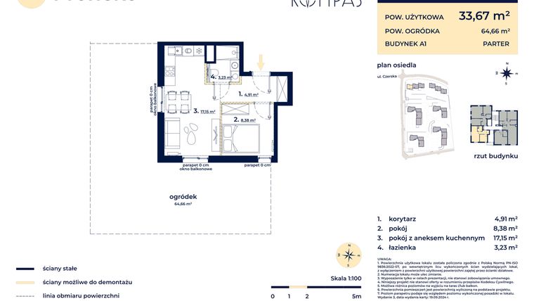 Rzut - Mieszkanie na sprzedaż 2 pokoje o powierzchni 33,7 m² - numer A101 w Osiedle Kompas