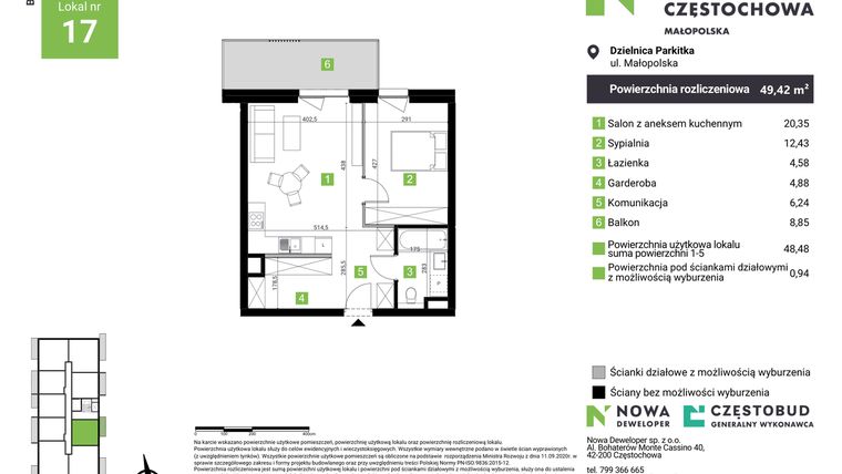 Rzut - Mieszkanie na sprzedaż 2 pokoje o powierzchni 49,42 m² - numer D17 w Nowa Częstochowa Małopolska etap II