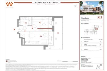 Rzut - Mieszkanie na sprzedaż 2 pokoje o powierzchni 32,49 m² - numer M3 w Warszawskie Wzgórze