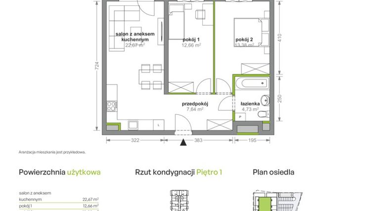 Rzut - Mieszkanie na sprzedaż 3 pokoje o powierzchni 61,08 m² - numer K2/1/19 w Cynamonowa Vita
