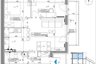 Rzut - Mieszkanie na sprzedaż 3 pokoje o powierzchni 61,55 m² - numer 38B w Osiedle Młodych etap IV