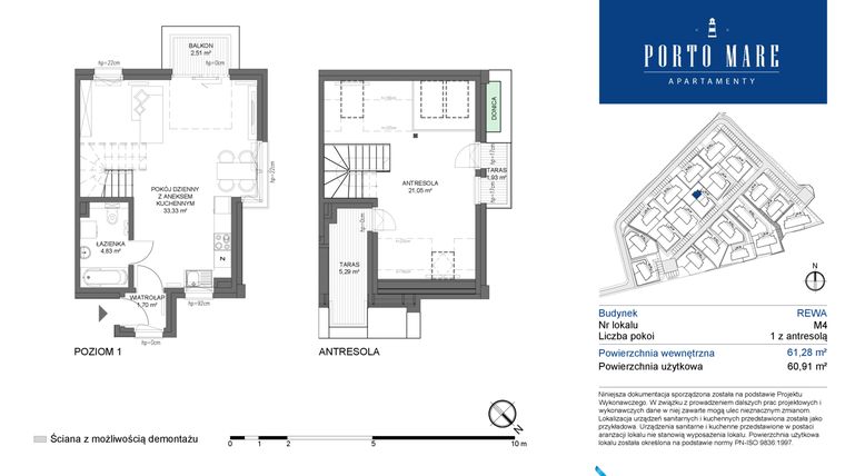 Rzut - Mieszkanie na sprzedaż 3 pokoje o powierzchni 60,91 m² - numer REWA M4 w Porto Mare