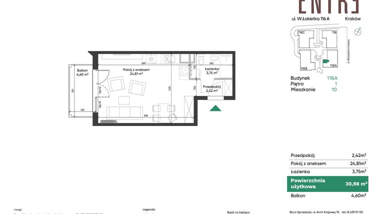 Rzut - Mieszkanie na sprzedaż 1 pokój o powierzchni 30,98 m² - numer 116A-M10 w Entre
