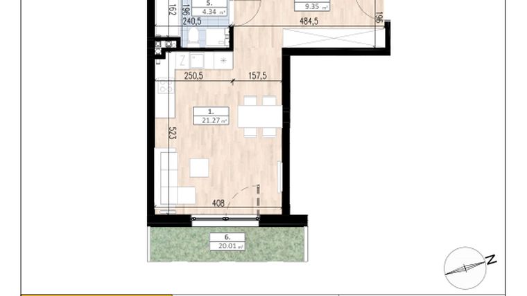 Rzut - Mieszkanie na sprzedaż 3 pokoje o powierzchni 57,68 m² - numer B1/0/1 w ACCANTO