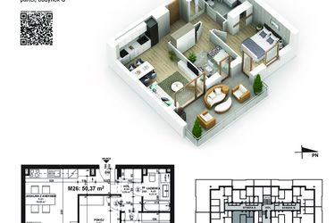 Rzut - Mieszkanie na sprzedaż 3 pokoje o powierzchni 50,37 m² - numer 26 w Piano Park etap V