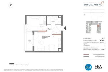 Rzut - Mieszkanie na sprzedaż 2 pokoje o powierzchni 43,17 m² - numer J.1.6 w Łopuszańska 47 - etap 3