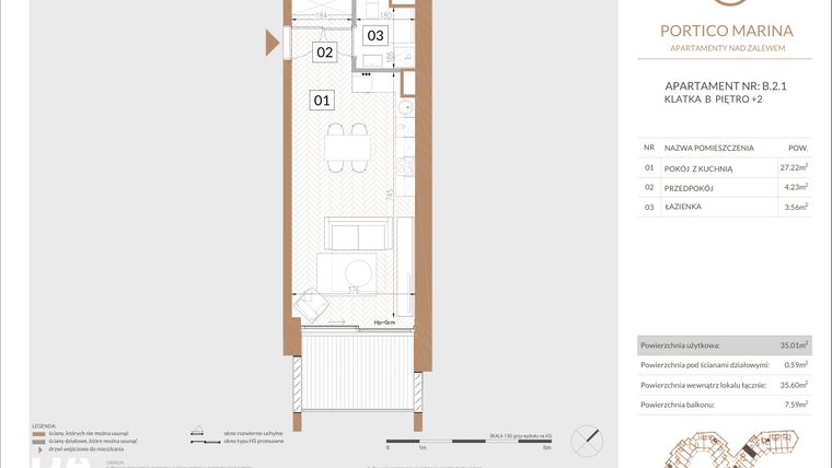 Rzut - Mieszkanie na sprzedaż 1 pokój o powierzchni 35,01 m² - numer B.2.1 w Portico Marina