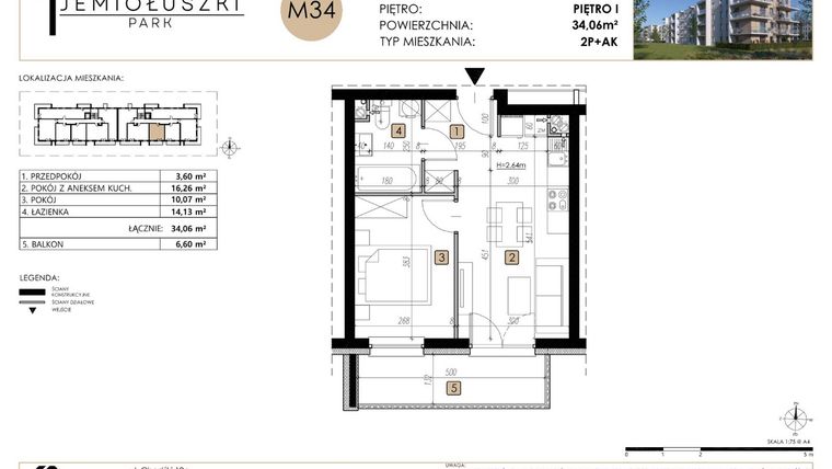 Rzut - Mieszkanie na sprzedaż 2 pokoje o powierzchni 34,06 m² - numer M34 w Jemiołuszki Park