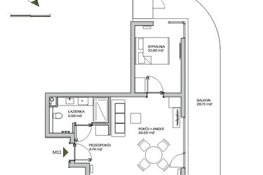 Rzut - Mieszkanie na sprzedaż 2 pokoje o powierzchni 45,44 m² - numer M11 w Zielona Marina - Apartamenty inwestycyjne