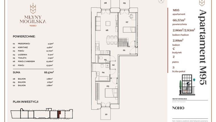 Rzut - Mieszkanie na sprzedaż 3 pokoje o powierzchni 66,57 m² - numer C.95 w Młyny Mogilska