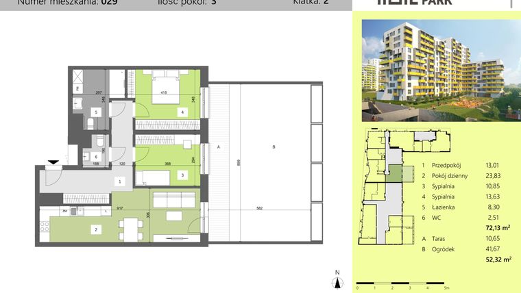 Rzut - Mieszkanie na sprzedaż 3 pokoje o powierzchni 72,13 m² - numer 29 w Dworzysko Park - Etap II