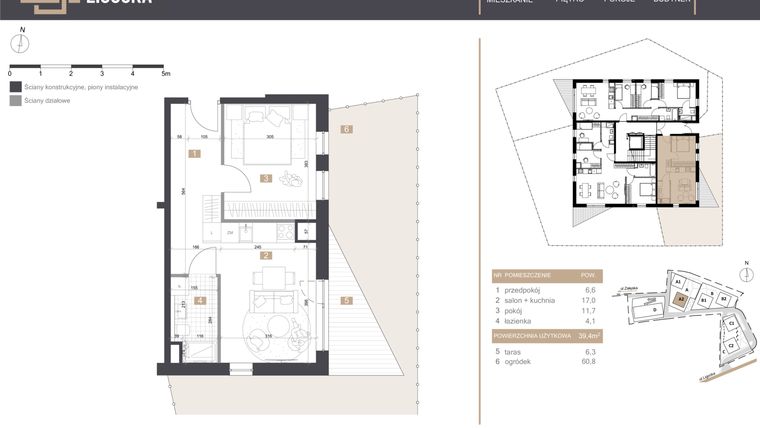 Rzut - Mieszkanie na sprzedaż 2 pokoje o powierzchni 39,4 m² - numer A2_M1 w Stacja Ligocka