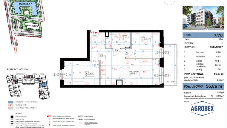 Rzut - Mieszkanie na sprzedaż 3 pokoje o powierzchni 56,86 m² - numer 7/70 w Nove Garby