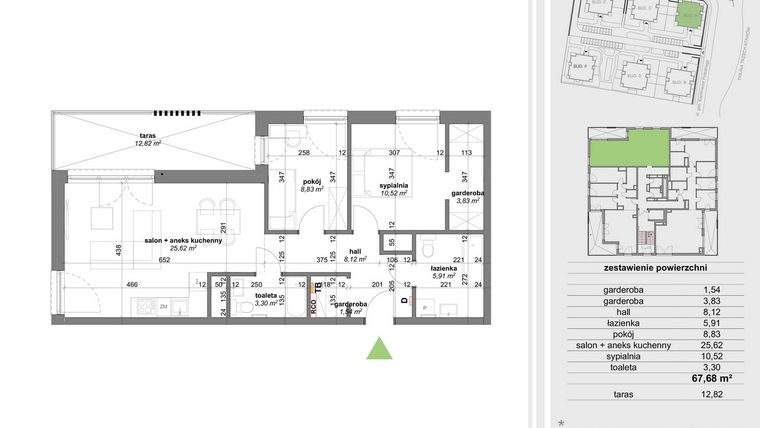 Rzut - Mieszkanie na sprzedaż 3 pokoje o powierzchni 67,11 m² - numer A.6.2 w Park Przy Stawach