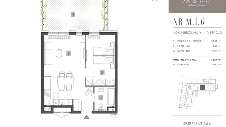 Rzut - Mieszkanie na sprzedaż 2 pokoje o powierzchni 43,17 m² - numer M.1.6 w Zamoyskiego 31