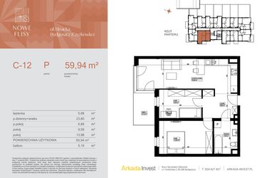 Rzut - Mieszkanie na sprzedaż 3 pokoje o powierzchni 59,94 m² - numer M12_NF.c w Nowe Flisy II