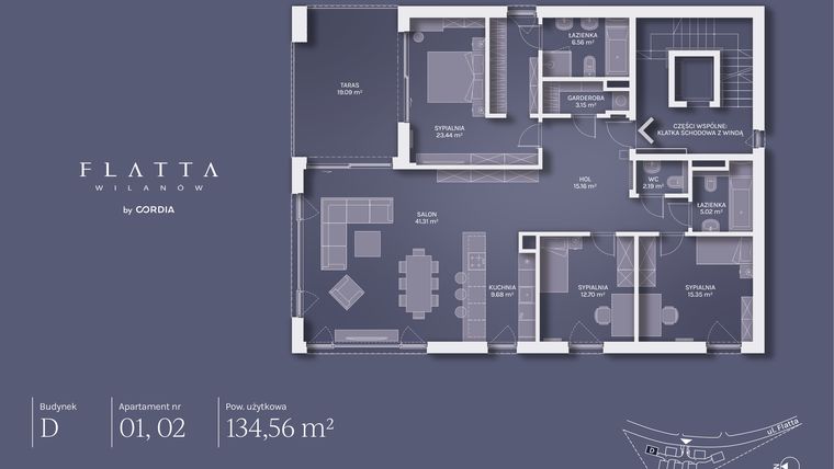 Rzut - Mieszkanie na sprzedaż 4 pokoje o powierzchni 134,56 m² - numer D.02 w Flatta Wilanów