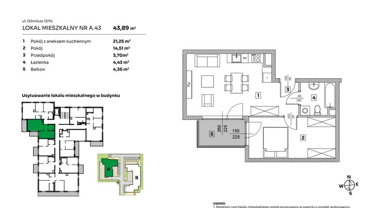 Rzut - Mieszkanie na sprzedaż 2 pokoje o powierzchni 43,89 m² - numer A.43 w Parkove Love