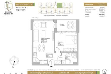 Rzut - Mieszkanie na sprzedaż 2 pokoje o powierzchni 49,76 m² - numer M13 w Ogrody Reymonta