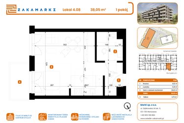 Rzut - Mieszkanie na sprzedaż 1 pokój o powierzchni 38,05 m² - numer B1/4/08 w Zakamarki