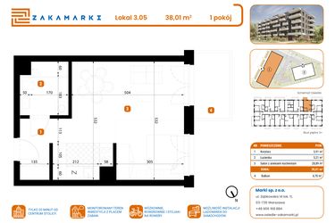 Rzut - Mieszkanie na sprzedaż 1 pokój o powierzchni 38,01 m² - numer B1/3/05 w Zakamarki
