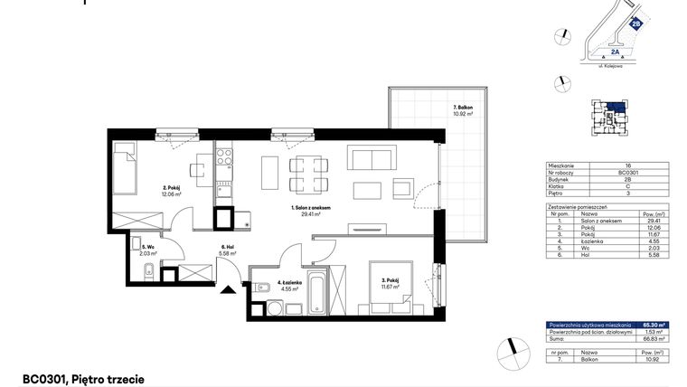 Rzut - Mieszkanie na sprzedaż 3 pokoje o powierzchni 65,46 m² - numer BC0301 w NU2 Warszawa Wola
