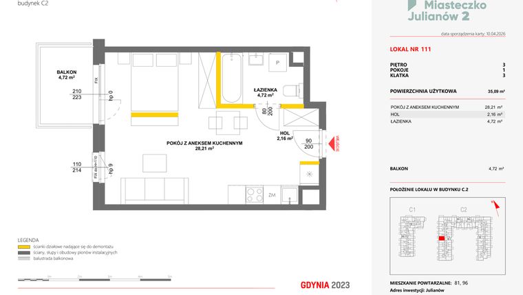 Rzut - Mieszkanie na sprzedaż 1 pokój o powierzchni 35,09 m² - numer 111 w Miasteczko Julianów etap 2