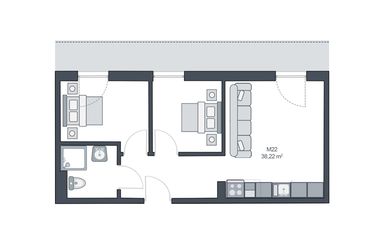 Rzut - Mieszkanie na sprzedaż 3 pokoje o powierzchni 38,22 m² - numer M22 w TARASY GĄSKI