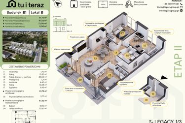 Rzut - Mieszkanie na sprzedaż 4 pokoje o powierzchni 67,52 m² - numer B1-B w Tu i Teraz etap II