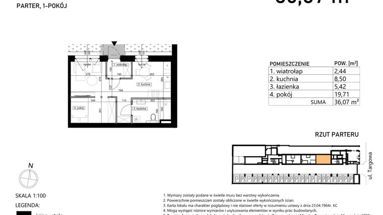 Rzut - Mieszkanie na sprzedaż 1 pokój o powierzchni 36,07 m² - numer M1 w Finezja