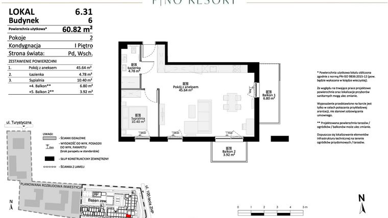 Rzut - Mieszkanie na sprzedaż 2 pokoje o powierzchni 60,82 m² - numer 6.31 w Pino Resort