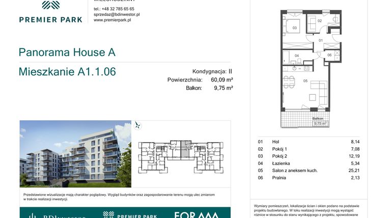 Rzut - Mieszkanie na sprzedaż 3 pokoje o powierzchni 60,09 m² - numer A1.1.06 w Premier Park II