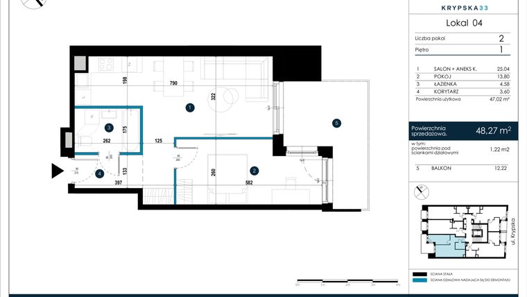 Rzut - Mieszkanie na sprzedaż 2 pokoje o powierzchni 48,27 m² - numer M04 w Krypska 33