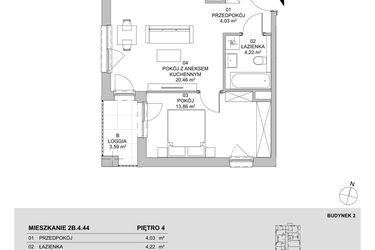 Rzut - Mieszkanie na sprzedaż 2 pokoje o powierzchni 42,57 m² - numer 2B.4.44 w Francuska Park VIIIA