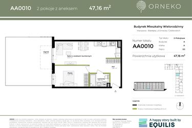Rzut - Mieszkanie na sprzedaż 2 pokoje o powierzchni 47,16 m² - numer AA0010 w Orneko