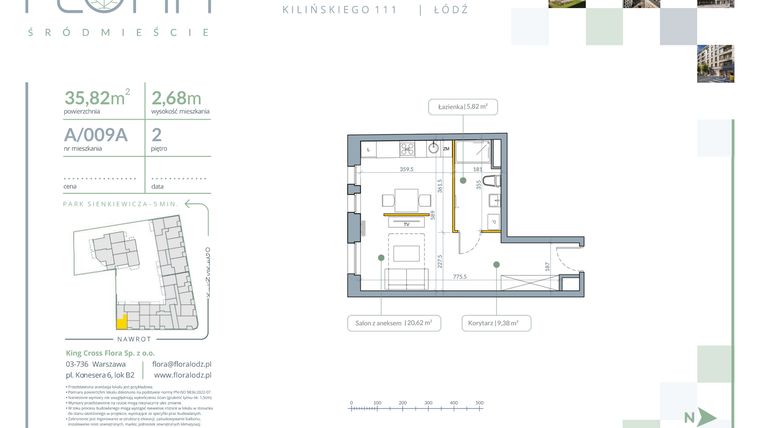 Rzut - Mieszkanie na sprzedaż 1 pokój o powierzchni 35,82 m² - numer A.9A w Flora Śródmieście