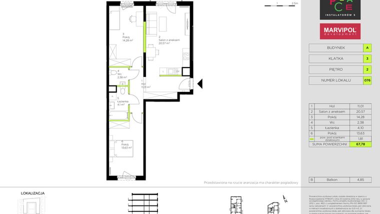 Rzut - Mieszkanie na sprzedaż 3 pokoje o powierzchni 67,78 m² - numer A076 w In Place 1