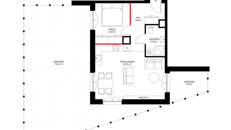 Rzut - Mieszkanie na sprzedaż 2 pokoje o powierzchni 48,23 m² - numer G.0.2 w INSPIRE ETAP V – bud. F, G