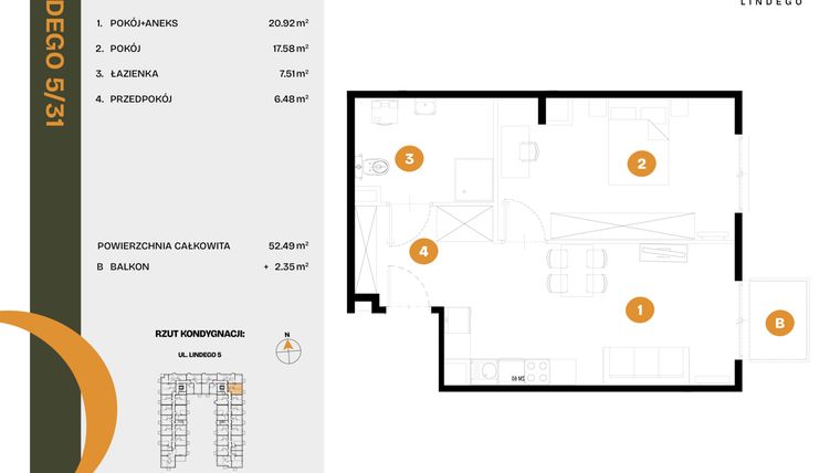 Rzut - Mieszkanie na sprzedaż 2 pokoje o powierzchni 52,49 m² - numer 31 w CLOU LINDEGO