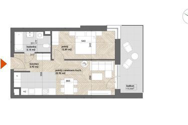 Rzut - Mieszkanie na sprzedaż 2 pokoje o powierzchni 44,89 m² - numer 2 w Apartamenty Śródmieście